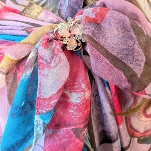 Vibrant Multicolor Scarf with Crystal Brooch.  Large Scarf.